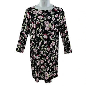 J. Jill Wearever Collection L Black Floral Print Dress 3/4 Sleeve Hiking Lagon